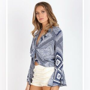 Stone Cold Fox Blue and White Patterned Blouse